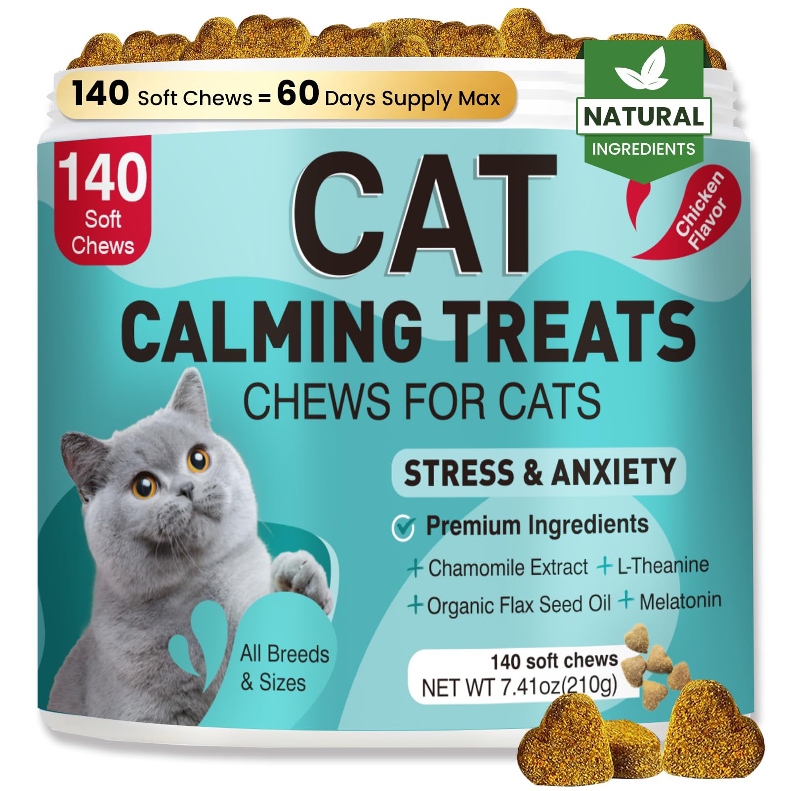 TrovePaw Cat Calming Treats package with 140 chicken-flavored soft chews