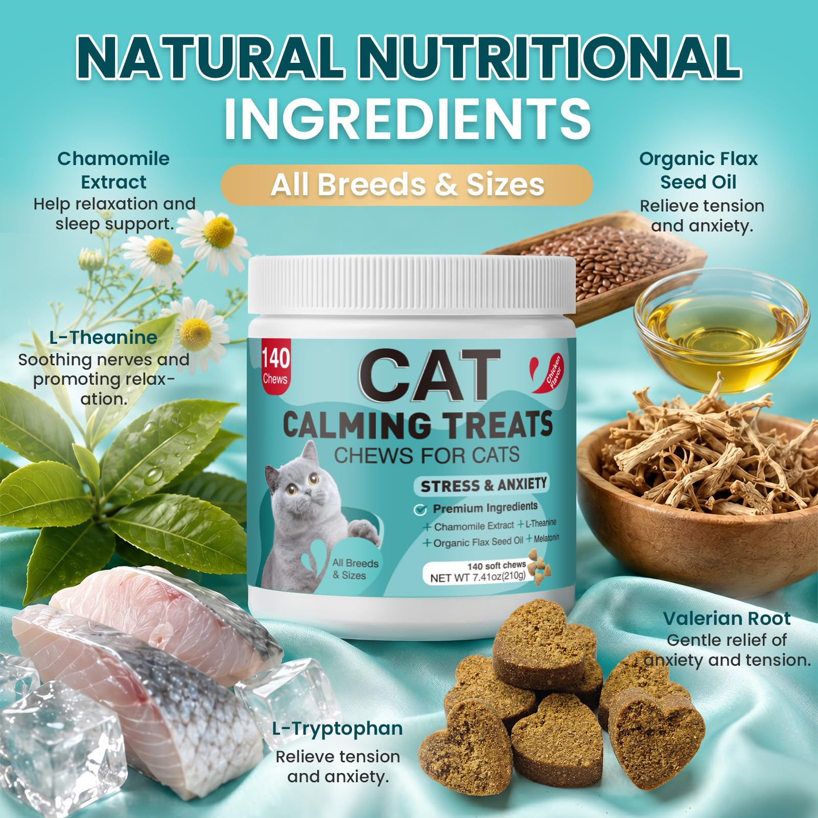 Cat Calming Treats with chamomile, flaxseed oil, L-theanine, L-tryptophan, and valerian root