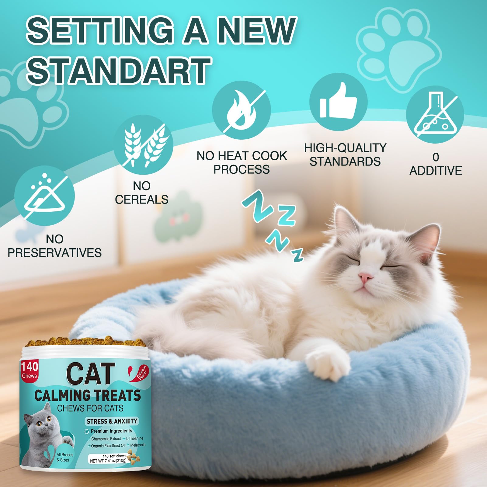 Cat Calming Treats quality callouts including no preservatives, cereals, heat cooking, or additives